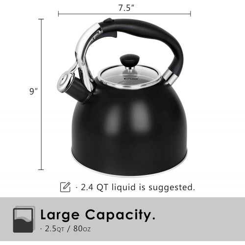  Rorence Whistling Tea Kettle: 2.5 Quart Stainless Steel Kettle with Capsule Bottom & Heat-resistant Glass Lid (Black)