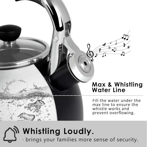  Rorence Whistling Tea Kettle: 2.5 Quart Stainless Steel Kettle with Capsule Bottom & Heat-resistant Glass Lid (Black)