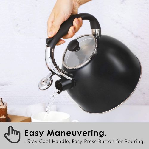  Rorence Whistling Tea Kettle: 2.5 Quart Stainless Steel Kettle with Capsule Bottom & Heat-resistant Glass Lid (Black)