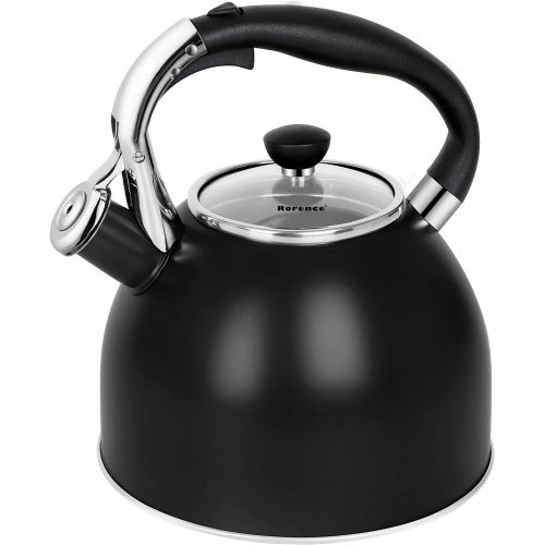  Rorence Whistling Tea Kettle: 2.5 Quart Stainless Steel Kettle with Capsule Bottom & Heat-resistant Glass Lid (Black)