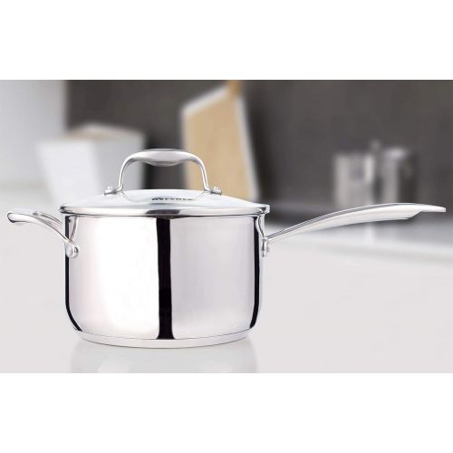  Rorence Stainless Steel Saucepan Sauce Pan with Pour Spout & Glass Lid with Strainer - 3.7 Quart