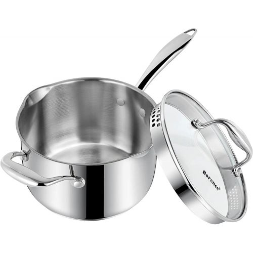  Rorence Stainless Steel Saucepan Sauce Pan with Pour Spout & Glass Lid with Strainer - 3.7 Quart