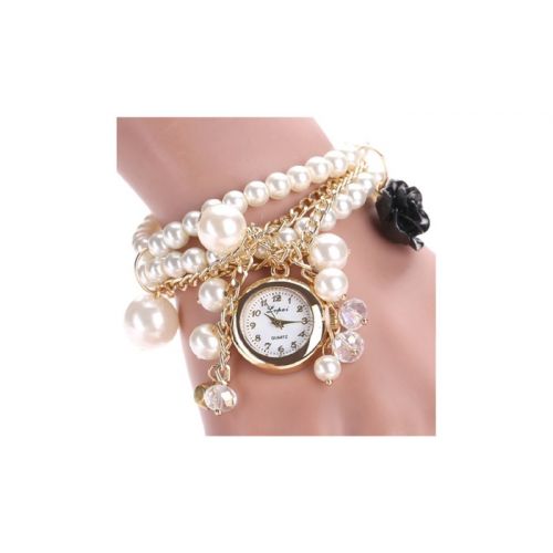  Rose Flower Pearl Round Dial Analog Quartz Bracelet Wrist Watch