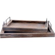 Rose Home Fashion RHF Serving Trays,Vintage Serving Tray,Rustic Wood Trays,Rectangular Tray Set,Nesting Serving Tray,Butler Lap Trays with Metal Handles,Rustic Ottoman Tray, Set of 2