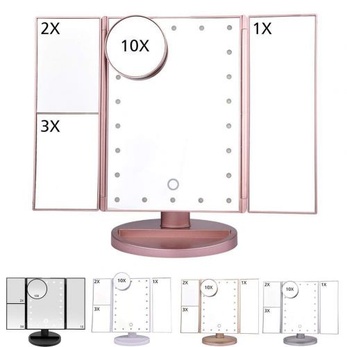  RoseSummer 22 Light Makeup Mirror Table Desktop Makeup LED Touch Screen 1X/2X/3X/10X Magnifying Mirrors Vanity 3 Folding Adjustable Mirror (Rose Gold)