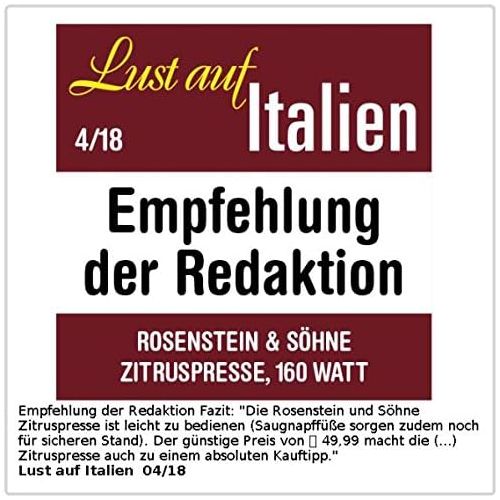  Rosenstein & Soehne Orangensaft Presse: Elektrische Edelstahl-Zitruspresse, 2 Aufsatze, Saftbehalter, 160 Watt (Fruchtpresse)