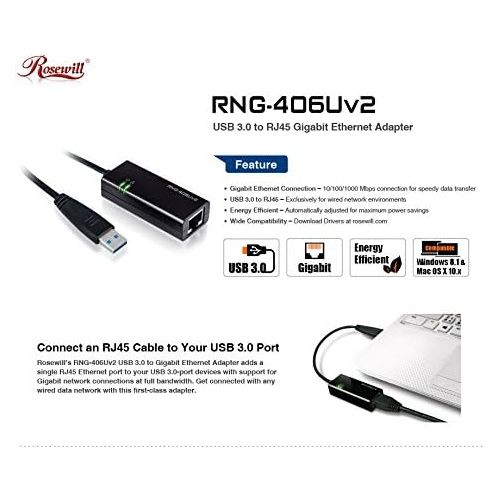  Rosewill USB to Ethernet Adapter (USB 3.0 to EthernetUSB 3 to EthernetUSB to Gigabit EthernetUSB to RJ45) Supporting 10100  1000 Mbps Ethernet Network in Black