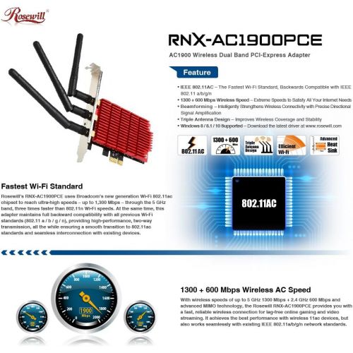  Rosewill RNX-AC1900PCE, 802.11AC Dual Band AC1900 PCI Express WiFi AdapterWireless AdapterNetwork Card