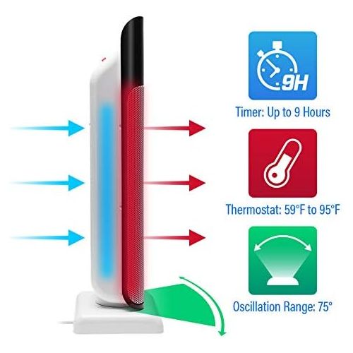  Rosewill Electric Tower, Ceramic Portable Oscillating Heater with Thermostat for Small Space Home & Office, Remote Control, 900W / 1500W Dual Heat Settings, RHTH-18001