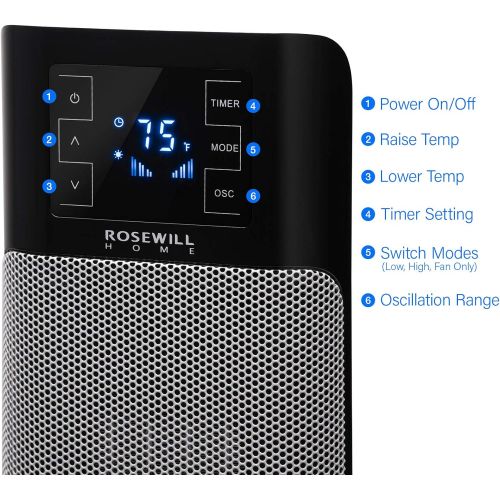  Rosewill Electric Tower, Ceramic Portable Oscillating Heater with Thermostat for Small Space Home & Office, Remote Control, 900W / 1500W Dual Heat Settings, RHTH-18001