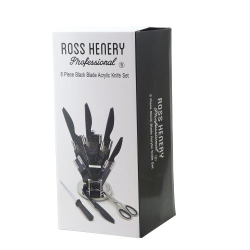  Ross Henery Professional 8-teiliges Kuechenmesserset mit schwarzen Klingen und gummierten Griffen im Acrylstander