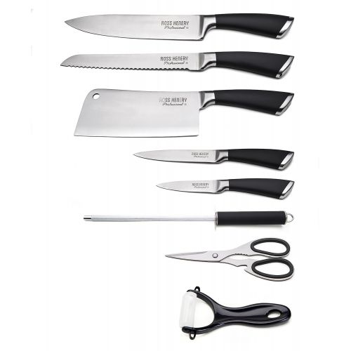  Ross Henery Professional Stainless Steel 8 Piece Kitchen Knife Set with Rubberised Grip Handles in Rotatable Acrylic Stand