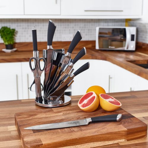  Ross Henery Professional Stainless Steel 8 Piece Kitchen Knife Set with Rubberised Grip Handles in Rotatable Acrylic Stand