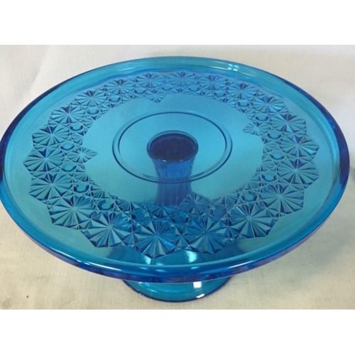  Rosso Glass Cake Plate - Queens Pattern - Mosser Glass - USA American Made (Colonial Blue)