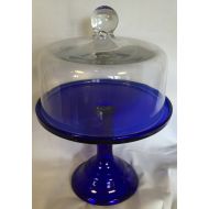 Rosso Glass Cobalt Blue Glass Plain & Simple Bakery Cake Plate Stand w/ Dome - Mosser USA - 9