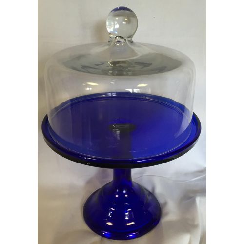  Rosso Glass Cobalt Blue Glass Plain & Simple Bakery Cake Plate Stand w/ Dome - Mosser USA - 9