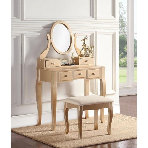  Roundhill Furniture 3418GL Ashley Wood Makeup Vanity Table and Stool Set, Gold