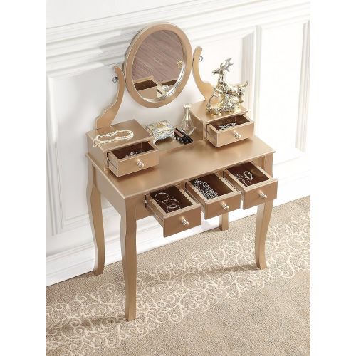  Roundhill Furniture 3418GL Ashley Wood Makeup Vanity Table and Stool Set, Gold