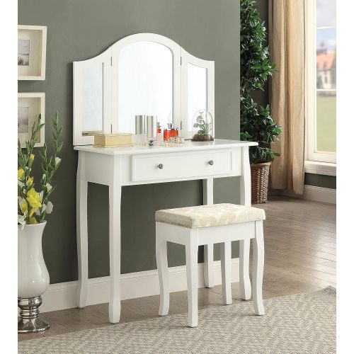  Roundhill Furniture Sunny White Wooden Vanity, Make Up Table and Stool Set