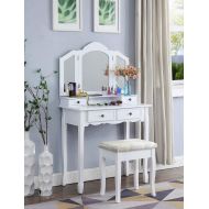 Roundhill Furniture Sanlo White Wooden Vanity, Make Up Table and Stool Set