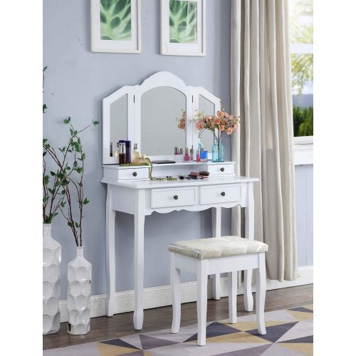  Roundhill Furniture Sanlo White Wooden Vanity, Make Up Table and Stool Set