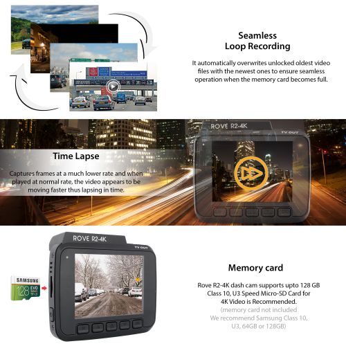  ROVE Rove R2-4K Car Dash Cam - 2160P 4K Ultra HD Resolution Dash Board Camera - Built-In WiFi and GPS, Rove Dual USB Fast Car Charger