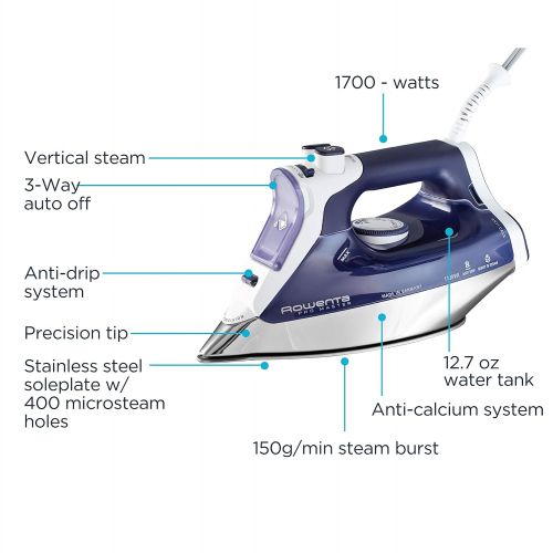  [아마존베스트]Rowenta DW8080 Professional Micro Steam Iron Stainless Steel Soleplate with Auto-Off, 1700-Watt, 400-Hole, Blue