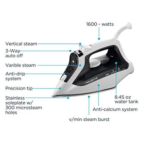  [아마존베스트]Rowenta DW2171 Access Steam 1600W 300 Hole Steam Iron of Auto Steam Thermostat Stainless Steel Soleplate, Black