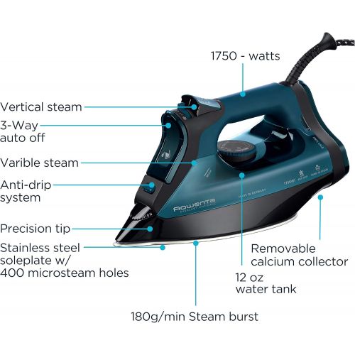  Rowenta Everlast 1750-Watt Stainless Steel Soleplate with Auto-Off, 400-Hole Anti-Calc Steam Iron, Blue