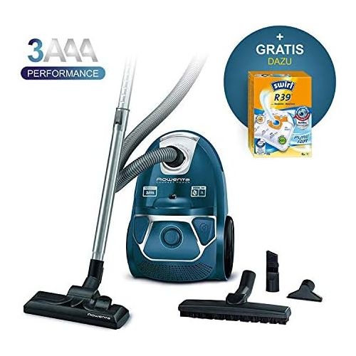  [아마존베스트]Rowenta RO3950 Vacuum Cleaner with Bag 750 W = 2000 W Extremely Quiet, Hygiene Filter, with Parquet Nozzle, Blue, blue