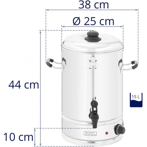  Royal Catering - Wasserkocher Heisswasserspender (15 Liter, ca. 82 Tassen, 33,5 x 38 x 44 cm, 2.500 W, 100 °C, Edelstahl) Silber