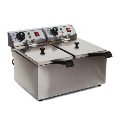  Royal Catering Friteuse Fritteuse Doppelfriteuse (2 x 8 L, 2 x 3200 W, 230 V, Thermostat 60200 °C, 41 x 46,5 x 31 cm, Edelstahl, inkl. 2 x Korb mit Deckel)