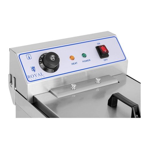  Royal Catering Friteuse Fritteuse (16 L, 6000 W, 400 V, Thermostat 60200 °C, 52 x 37 x 34 cm, Ablasshahn, Edelstahl, inkl. Korb und Deckel)