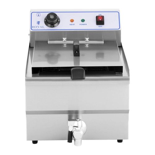  Royal Catering Friteuse Fritteuse (16 L, 6000 W, 400 V, Thermostat 60200 °C, 52 x 37 x 34 cm, Ablasshahn, Edelstahl, inkl. Korb und Deckel)