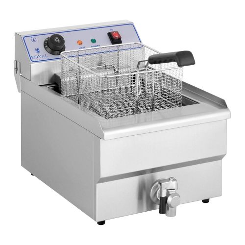  Royal Catering Friteuse Fritteuse (16 L, 6000 W, 400 V, Thermostat 60200 °C, 52 x 37 x 34 cm, Ablasshahn, Edelstahl, inkl. Korb und Deckel)