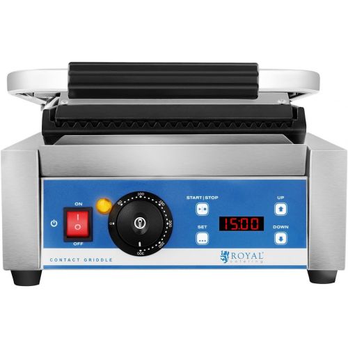  Royal Catering Kontaktgrill Elektrogrill Pannini Grill (1.800 W, 55300 °C, geriffelt, Timer 15 min, Abtropfschale, 36,2 x 31,3 x 20,1 cm, Gusseisen emailiert)