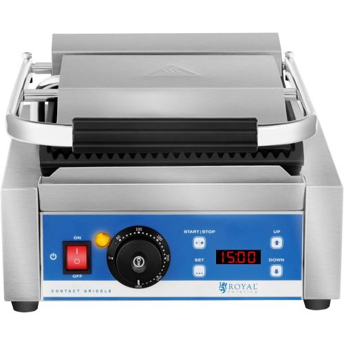  Royal Catering Kontaktgrill Elektrogrill Pannini Grill (1.800 W, 55300 °C, geriffelt, Timer 15 min, Abtropfschale, 36,2 x 31,3 x 20,1 cm, Gusseisen emailiert)