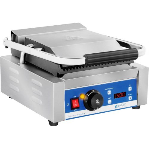  Royal Catering Kontaktgrill Elektrogrill Pannini Grill (1.800 W, 55300 °C, geriffelt, Timer 15 min, Abtropfschale, 36,2 x 31,3 x 20,1 cm, Gusseisen emailiert)