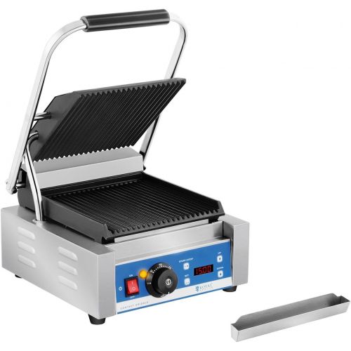  Royal Catering Kontaktgrill Elektrogrill Pannini Grill (1.800 W, 55300 °C, geriffelt, Timer 15 min, Abtropfschale, 36,2 x 31,3 x 20,1 cm, Gusseisen emailiert)