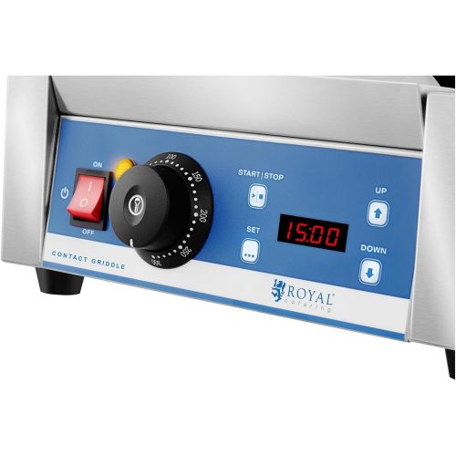  Royal Catering Kontaktgrill Elektrogrill Pannini Grill (1.800 W, 55300 °C, geriffelt, Timer 15 min, Abtropfschale, 36,2 x 31,3 x 20,1 cm, Gusseisen emailiert)