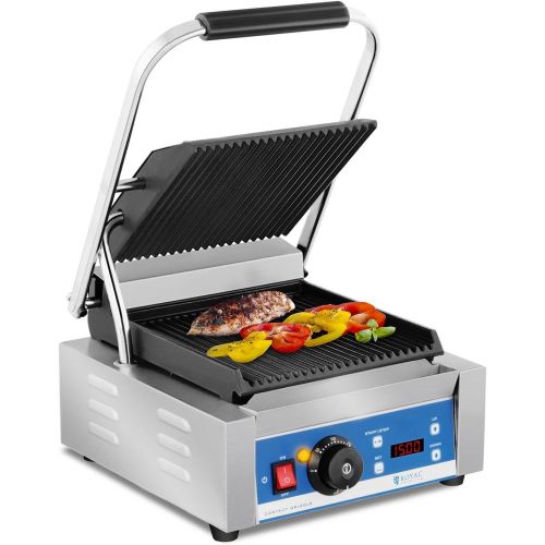  Royal Catering Kontaktgrill Elektrogrill Pannini Grill (1.800 W, 55300 °C, geriffelt, Timer 15 min, Abtropfschale, 36,2 x 31,3 x 20,1 cm, Gusseisen emailiert)