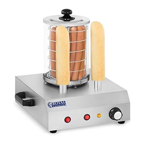  Royal Catering Hot Dog Maker Hot Dog Gerat 2 Spiesse RCHW-350-2 (422 W, max. 28 Wuerste, 2 Heizdorne, Temperatur bis 97 °C, Edelstahl, gehartetes Glas)