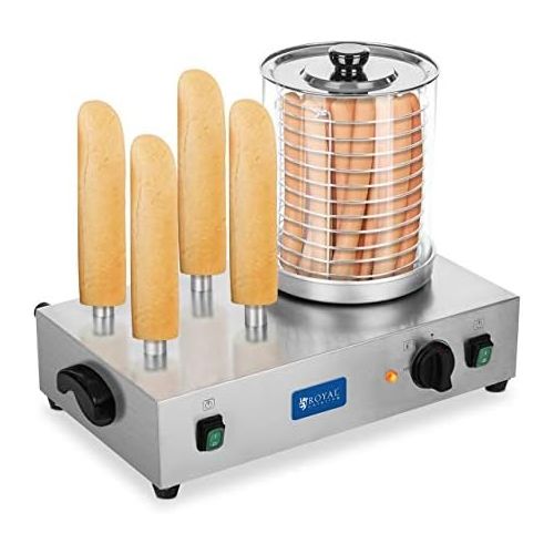  Royal Catering Hot Dog Maschine Gastro Hot-Dog Maker Professionell RCHW 2300 (Leistung 2 x 300 Watt, Temperatur 0-95 °C, Zylinderhoehe 24 cm, Zylinderdurchmesser 20 cm, 4 Toaststang