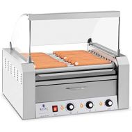 Royal Catering - Hot Dog Grill Hot Dog Maschine (11 Rollen, Edelstahl, 2.600 W, 2 Heizzonen, herausnehmbare Fettauffangschublade, Warmeschublade, 20 Wuerstchen, mit Hartglasabdeckun