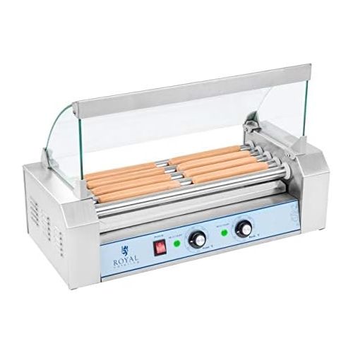  Royal Catering Hot Dog Grill Hot Dog Maschine Hot Dog Maker (5 Rollen, Platz fuer 8 Wuerstchen, 1.000 W, 2 Heizzonen, Edelstahl) silber