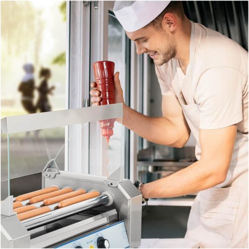  Royal Catering Hot Dog Grill Hot Dog Maschine Hot Dog Maker (5 Rollen, Platz fuer 8 Wuerstchen, 1.000 W, 2 Heizzonen, Edelstahl) silber