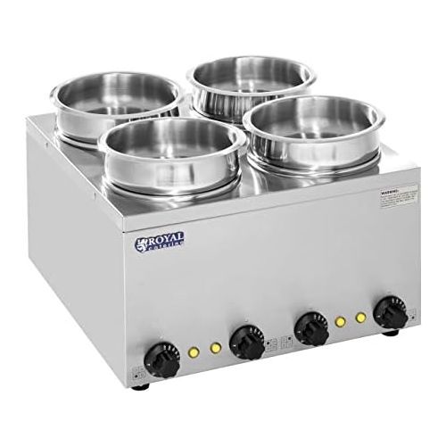  Royal Catering RCBM-14-3500-R Bain Marie Suppenstation Wasserbad Speisenwarmer mit Ablasshahn (4 x 2,75 L, 4 Einsatztoepfe, 30-110 ° C Temperaturbereich, 4 x 150 W, Edelstahl)