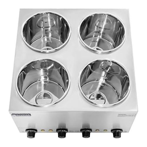  Royal Catering RCBM-14-3500-R Bain Marie Suppenstation Wasserbad Speisenwarmer mit Ablasshahn (4 x 2,75 L, 4 Einsatztoepfe, 30-110 ° C Temperaturbereich, 4 x 150 W, Edelstahl)