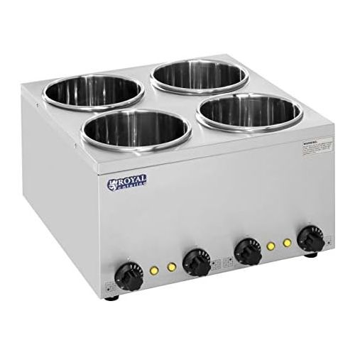  Royal Catering RCBM-14-3500-R Bain Marie Suppenstation Wasserbad Speisenwarmer mit Ablasshahn (4 x 2,75 L, 4 Einsatztoepfe, 30-110 ° C Temperaturbereich, 4 x 150 W, Edelstahl)