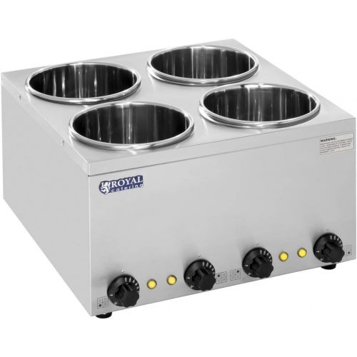  Royal Catering RCBM-14-3500-R Bain Marie Suppenstation Wasserbad Speisenwarmer mit Ablasshahn (4 x 2,75 L, 4 Einsatztoepfe, 30-110 ° C Temperaturbereich, 4 x 150 W, Edelstahl)